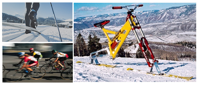 snow skis and bicycle combined