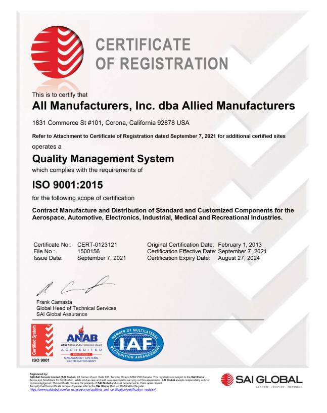 Allied Manufacturers’ certificate of registration.